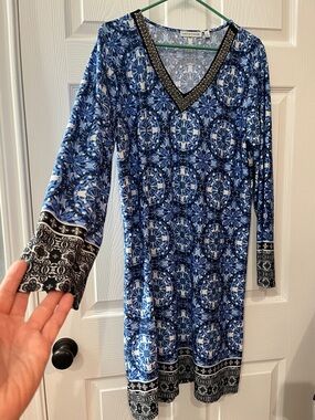 Notations Blue Multi-Pattern V-Neck Long Sleeve Dress